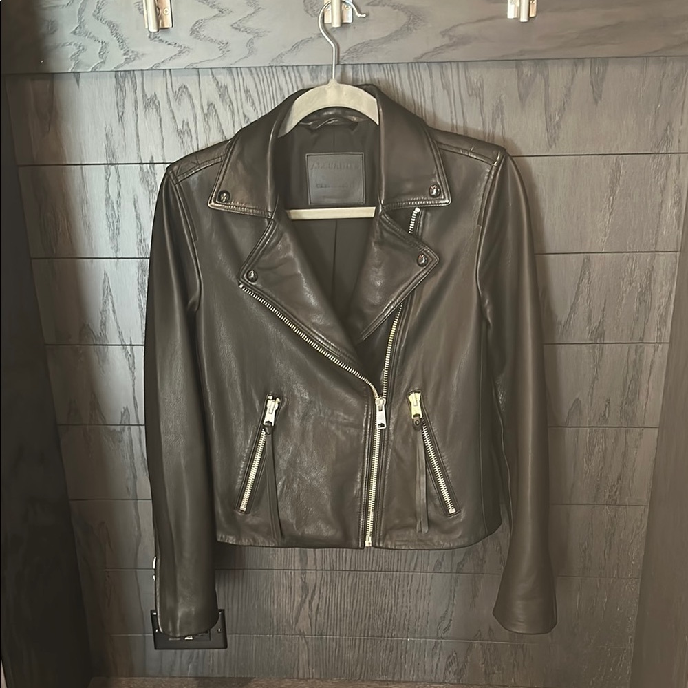 AllSaints Black Leather Cropped Biker Jacket - Picture 3 of 12
